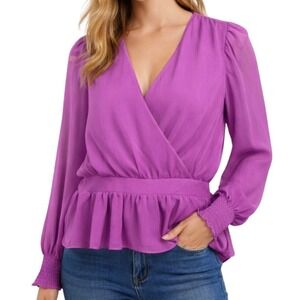 Express NWT Womens Purple V Neck Long Sleeve Peplum Puff Sleeve Blouse Size M